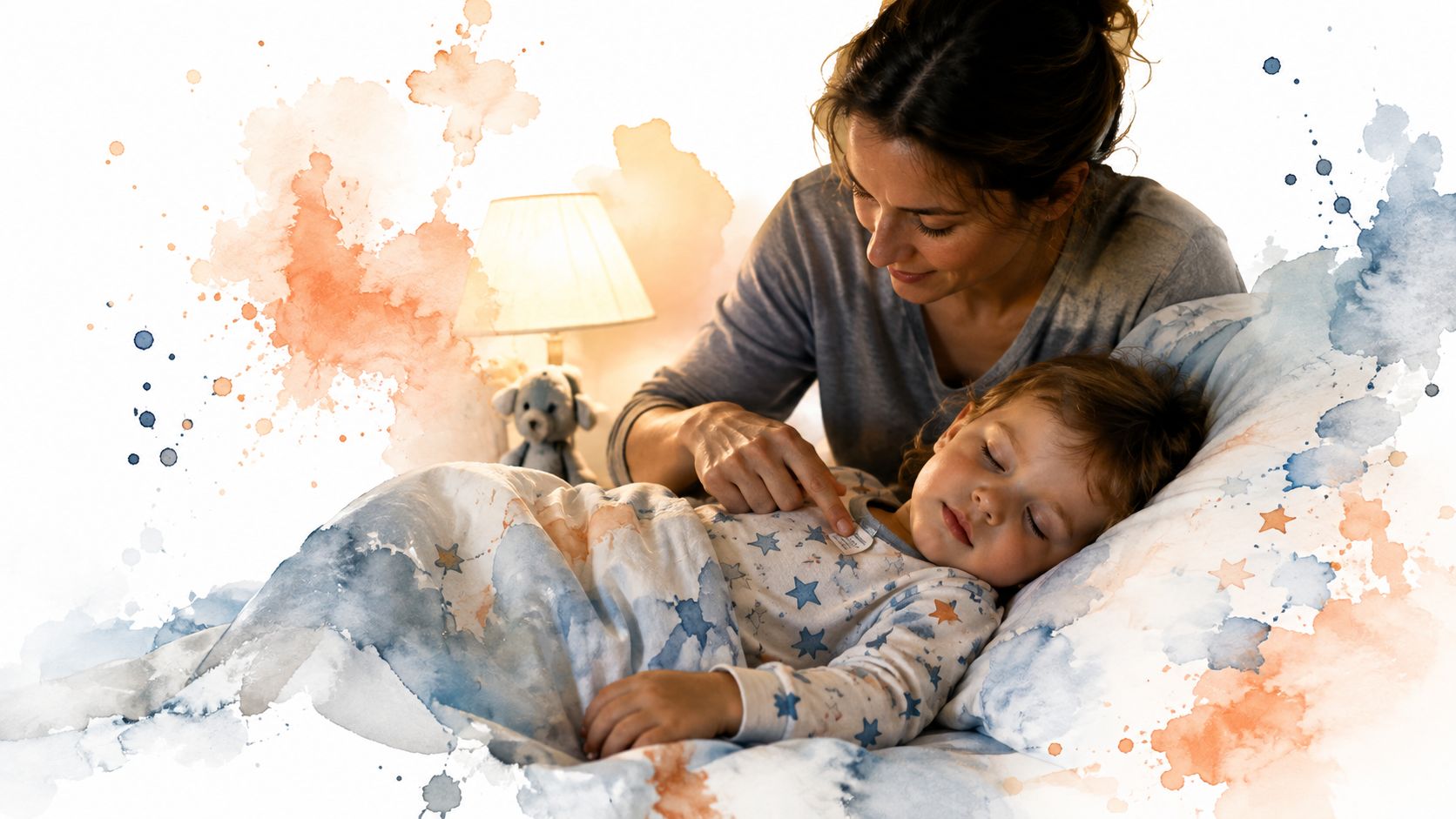 A loving mother checks the tag on her sleeping toddler's soft, flame retardant free star-patterned pajamas.