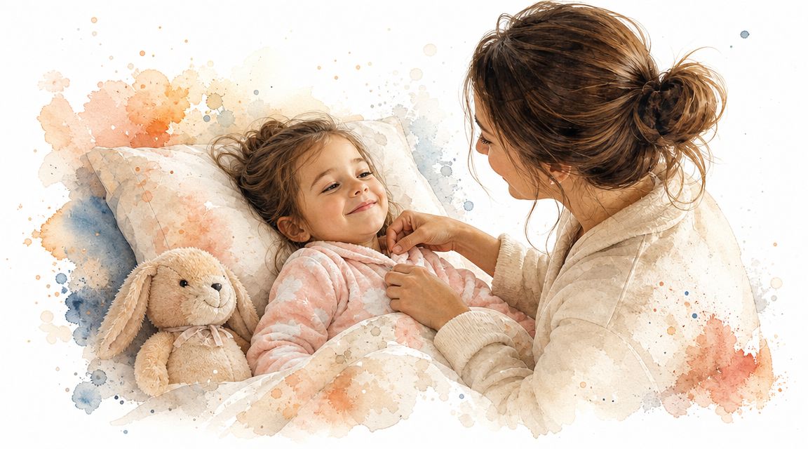 A caring mother gently adjusting the soft pajamas of her young daughter lying in bed with a plush toy.