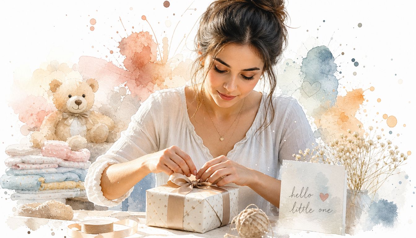 A woman gently wraps a gift with a ribbon surrounded by baby items and a sweet card.
