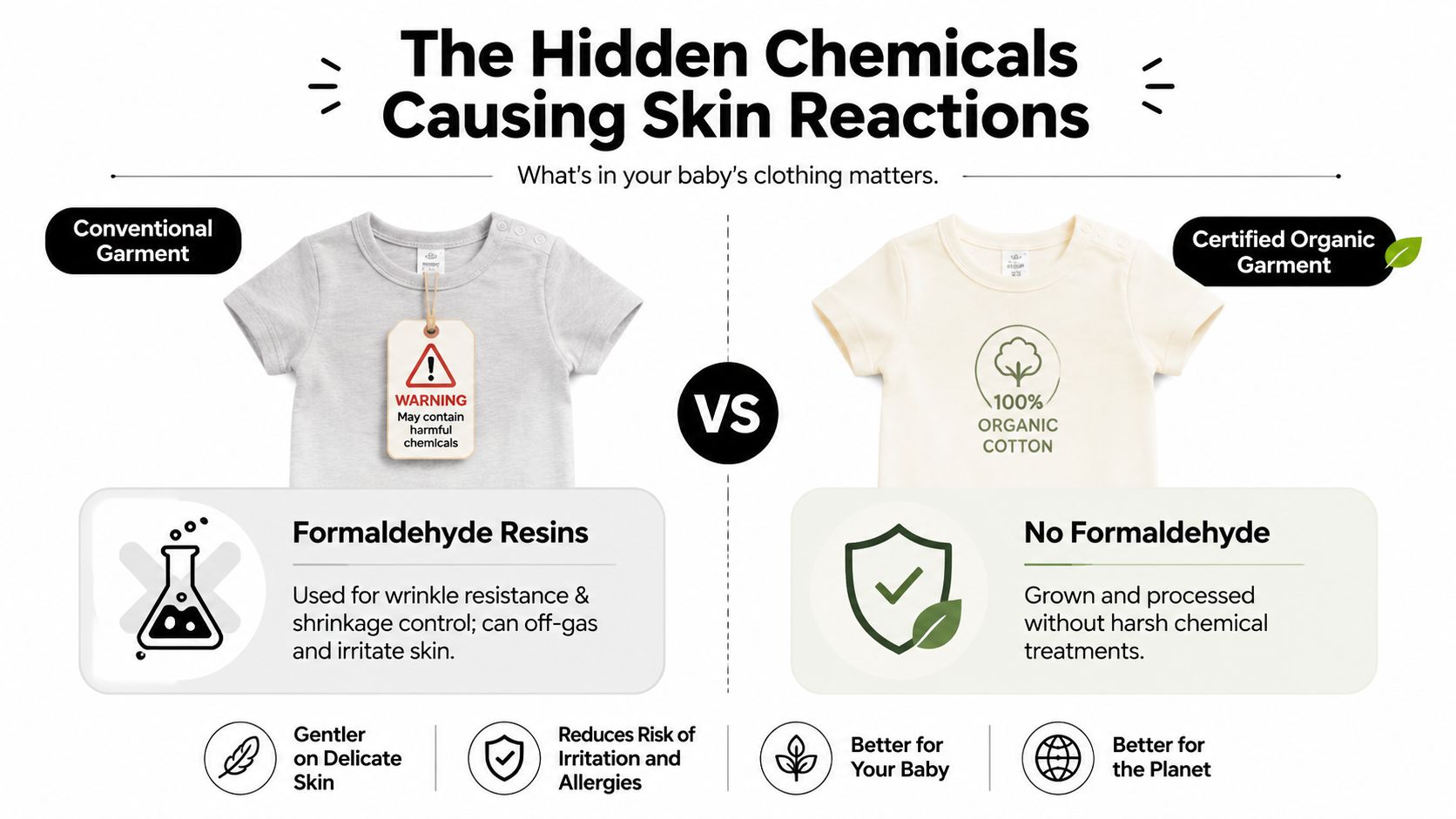 A comparison graphic showing a conventional t-shirt containing formaldehyde versus a certified organic cotton baby t-shirt.