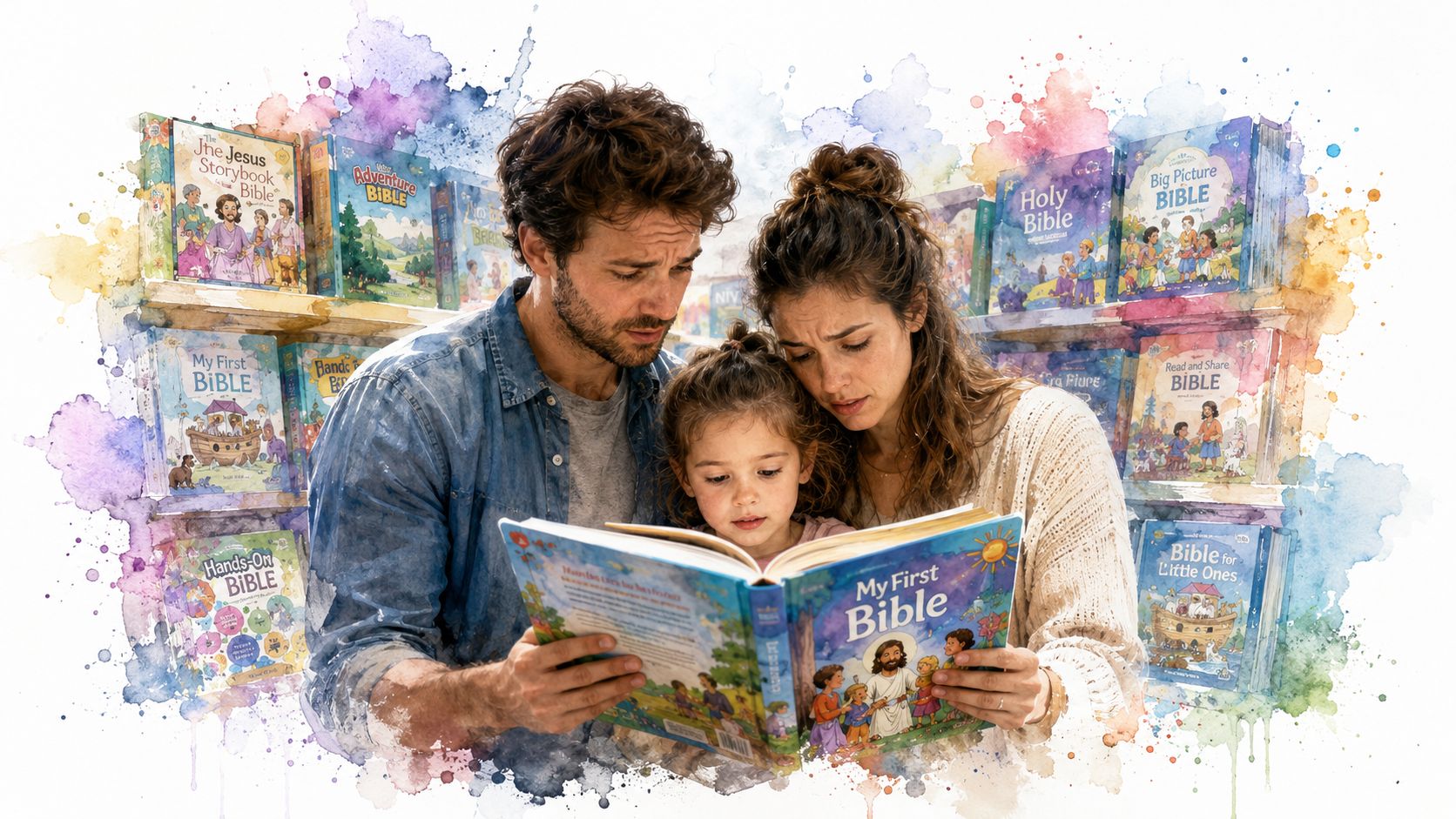 A family of three reading a children's Bible together in a bookstore surrounded by various religious books.