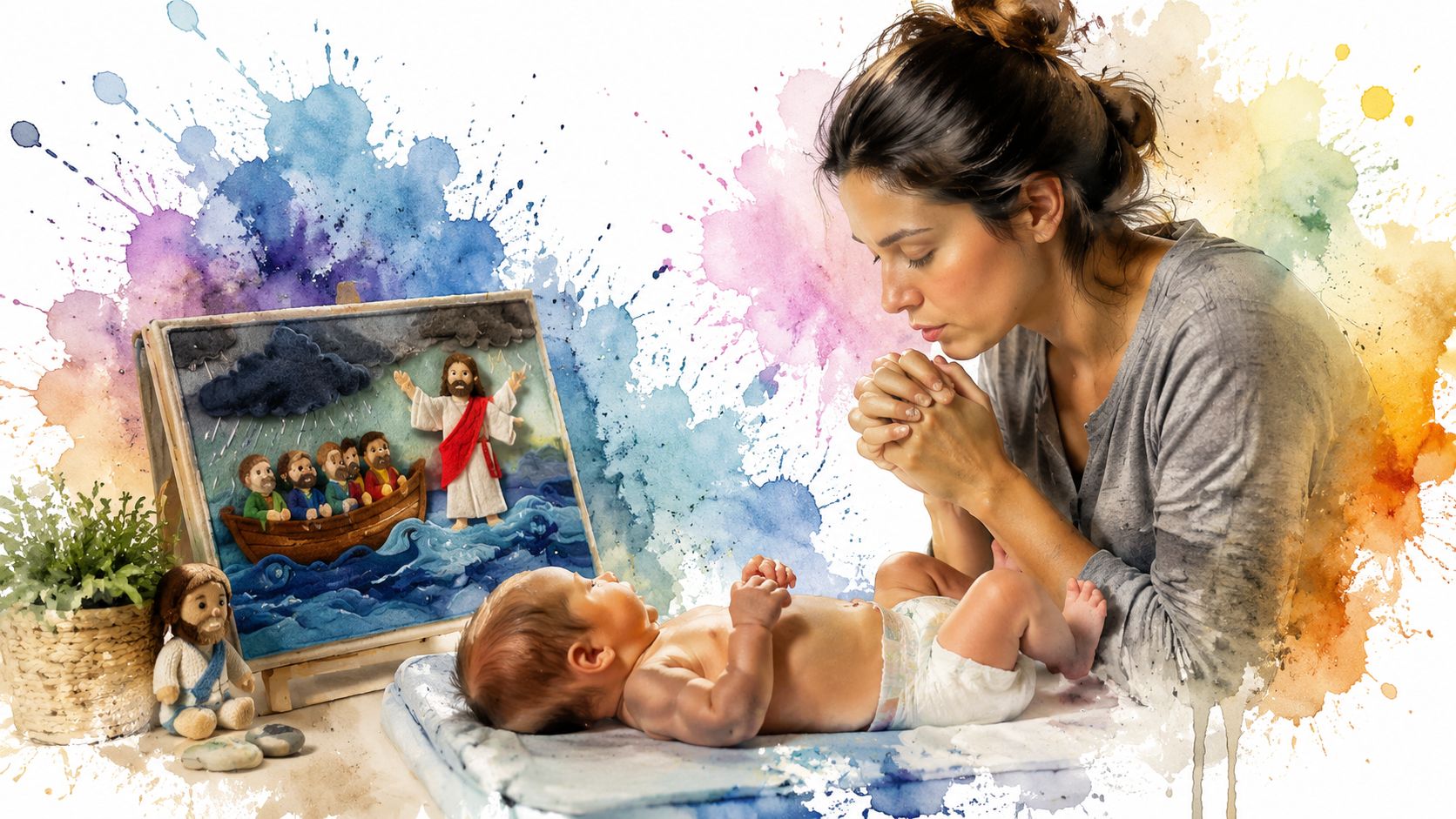 A mother praying beside her newborn baby with a religious artwork of Jesus on display.