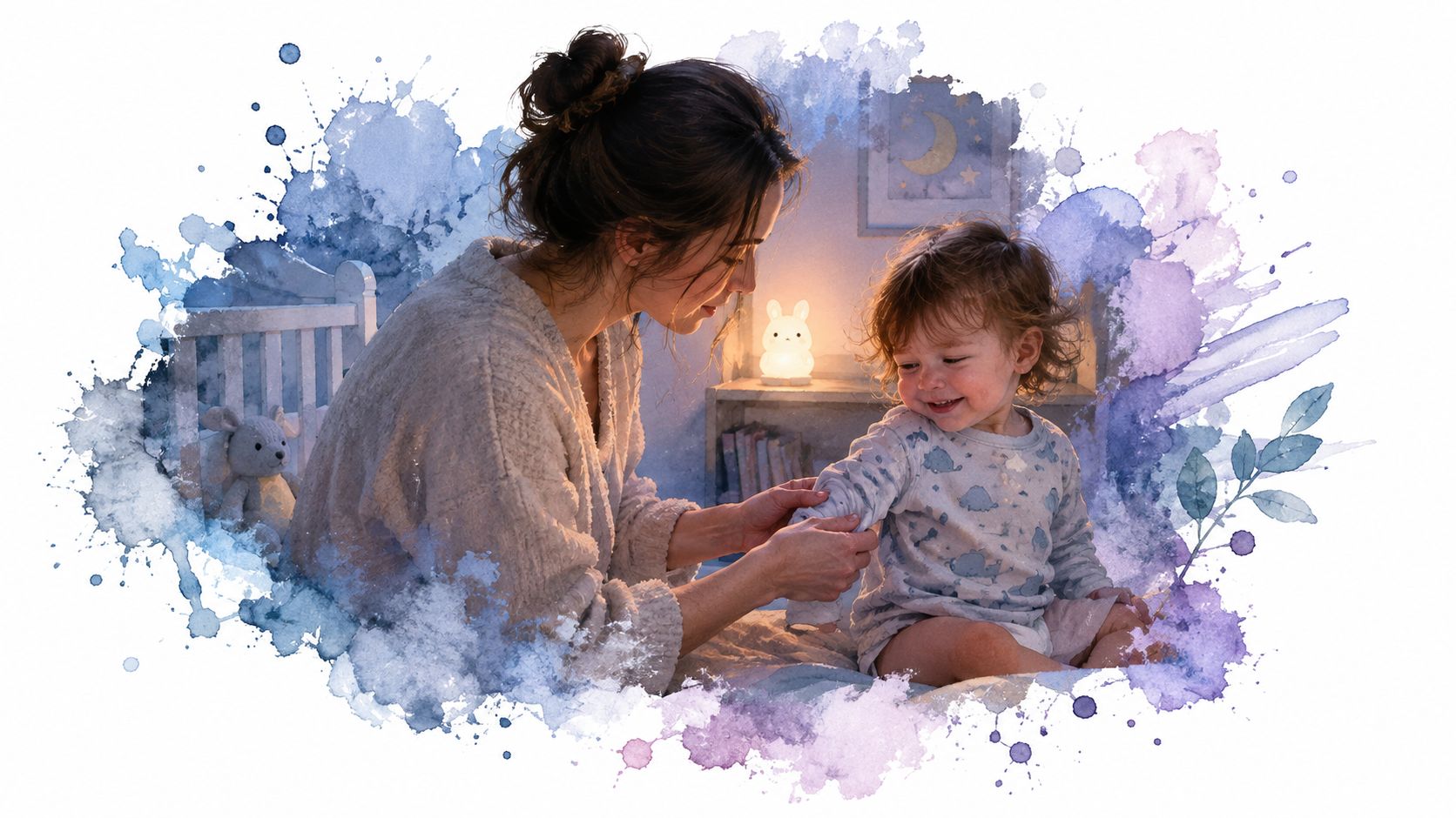 A mother gently helps her toddler put on a long sleeve sleep shirt in a cozy nursery