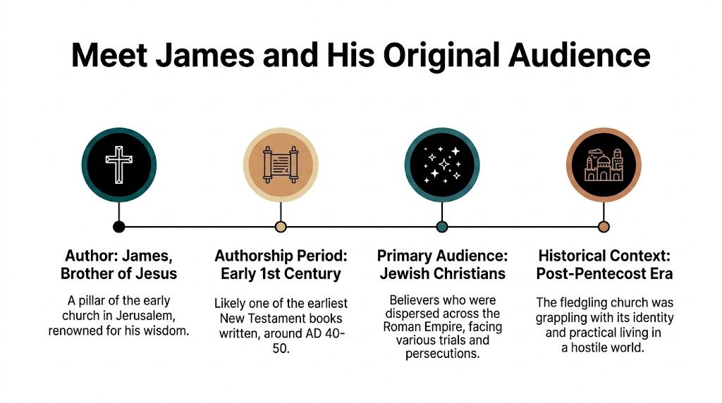 An infographic titled Meet James and His Original Audience detailing historical facts about the book of James.
