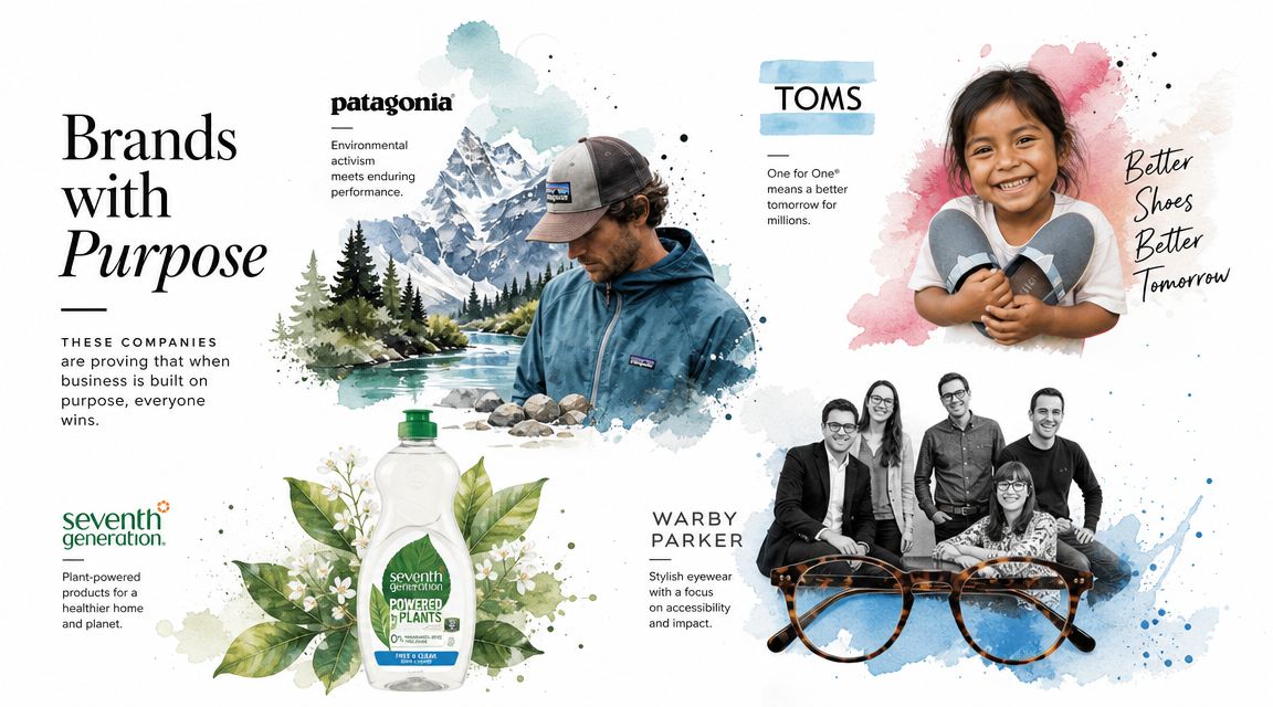 A collage showcasing mission-driven companies including Patagonia, TOMS, Seventh Generation, and Warby Parker with watercolor illustrations.