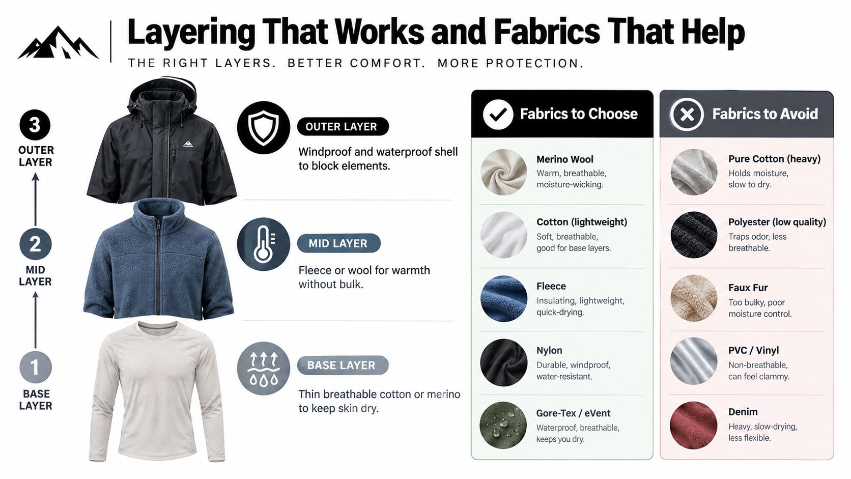 A diagram illustrating a three-layer clothing system for comfort and protection in outdoor environments with fabric recommendations.
