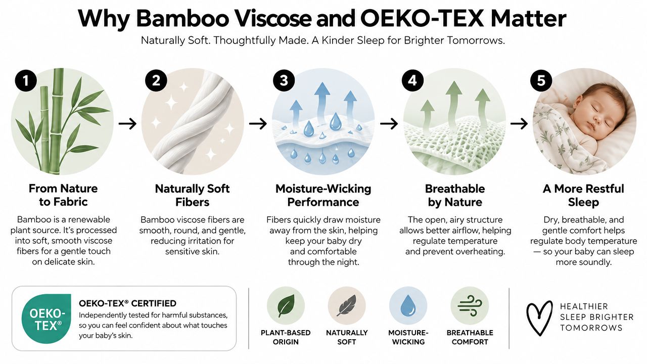An infographic explaining the benefits of OEKO-TEX certified bamboo viscose fabric for baby onesies and sleepers.