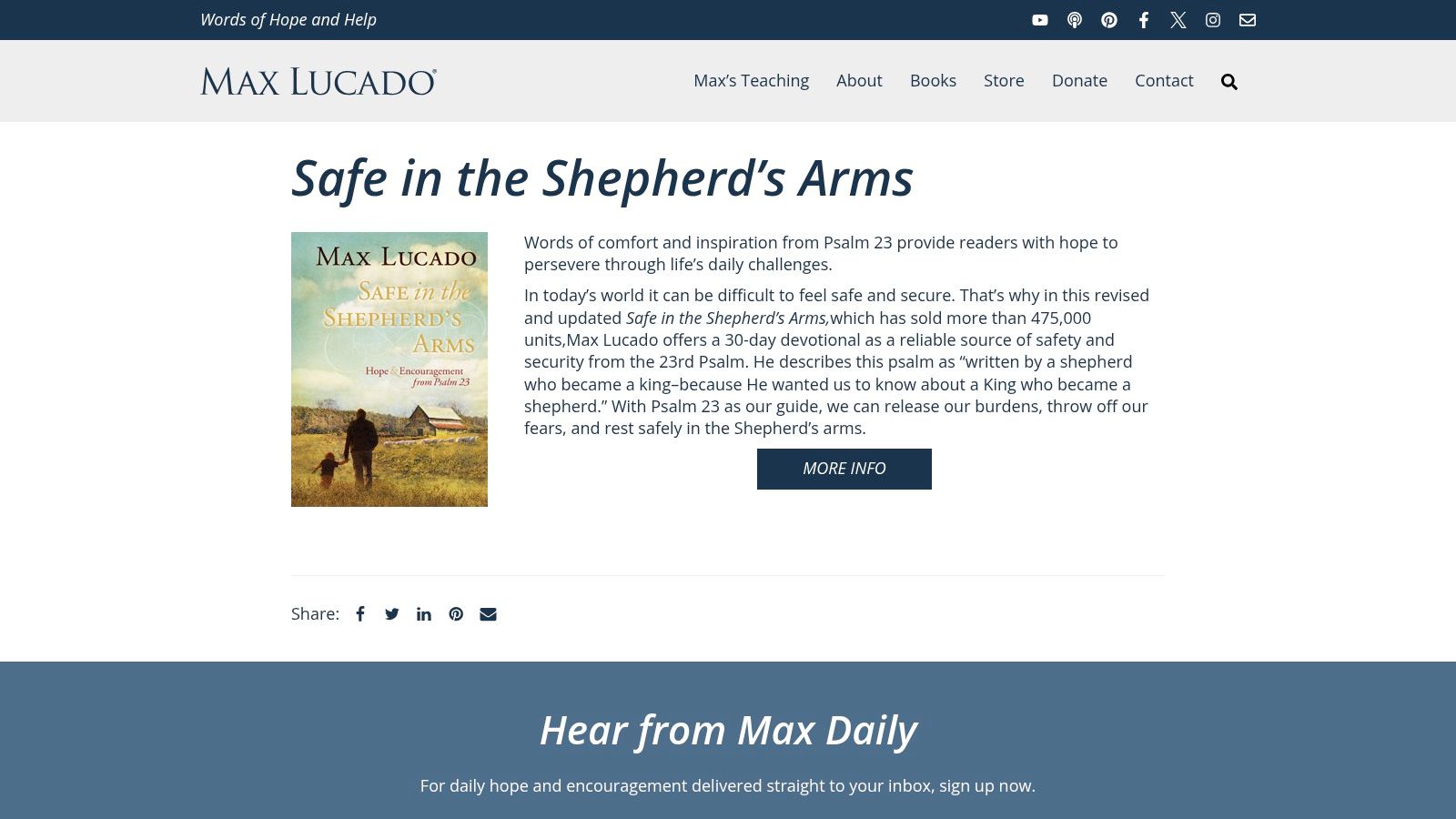 Safe in the Shepherd's Arms: Hope and Encouragement from Psalm 23, Max Lucado