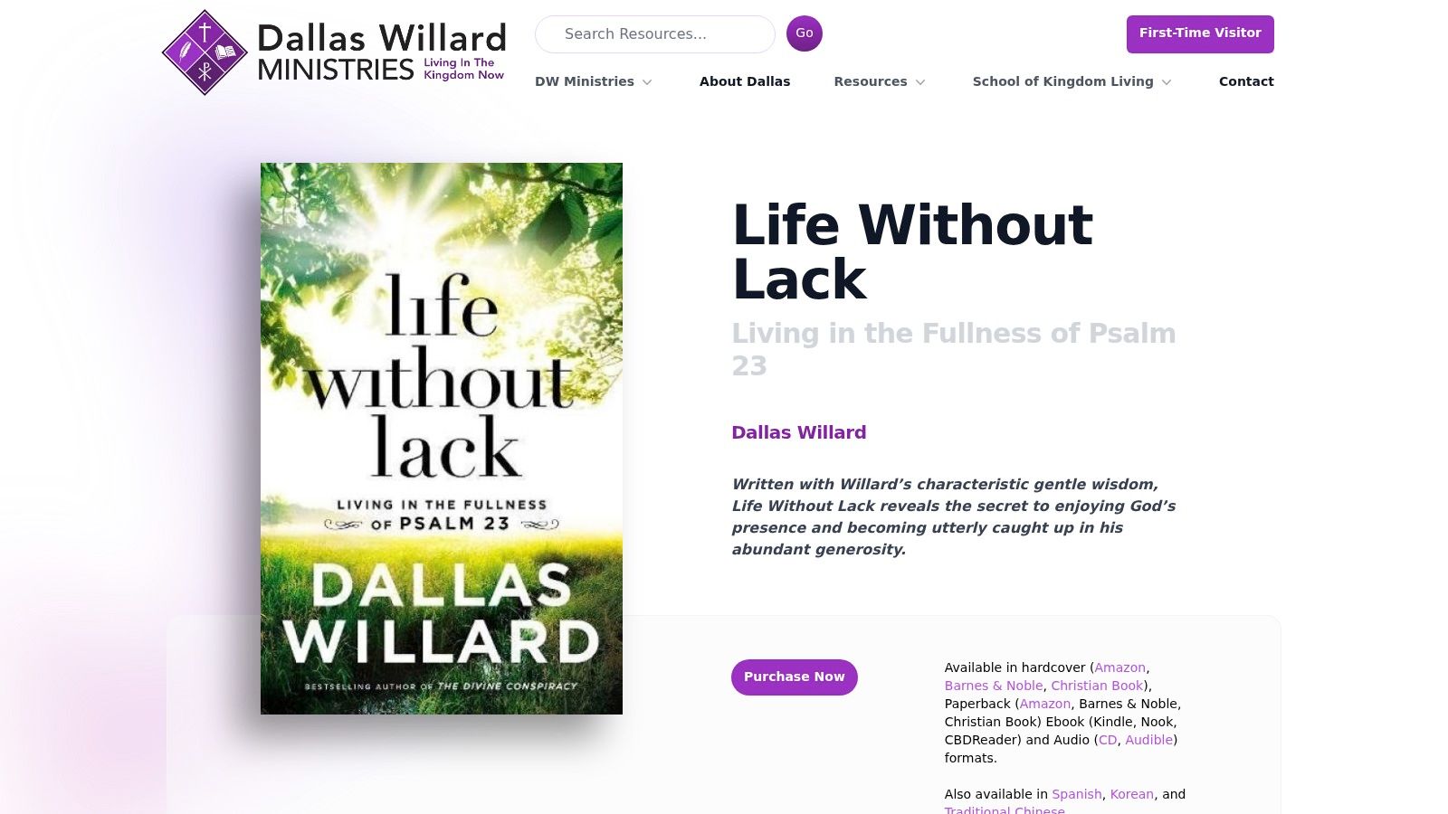 Life Without Lack: Living in the Fullness of Psalm 23, Dallas Willard (Thomas Nelson)