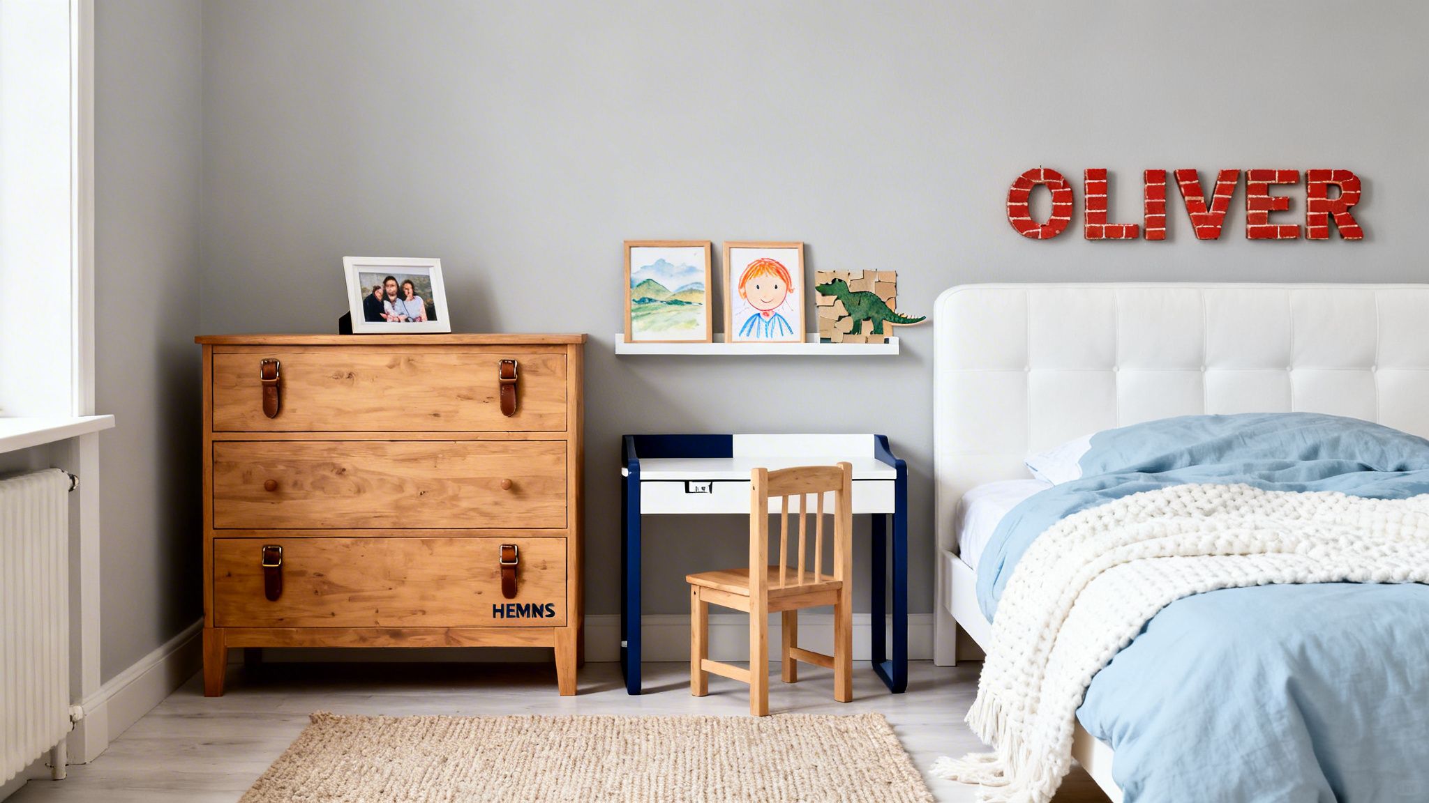A cozy boy's room featuring a wooden dresser, blue and white desk, bed, and personalized “OLIVER” wall decor.
