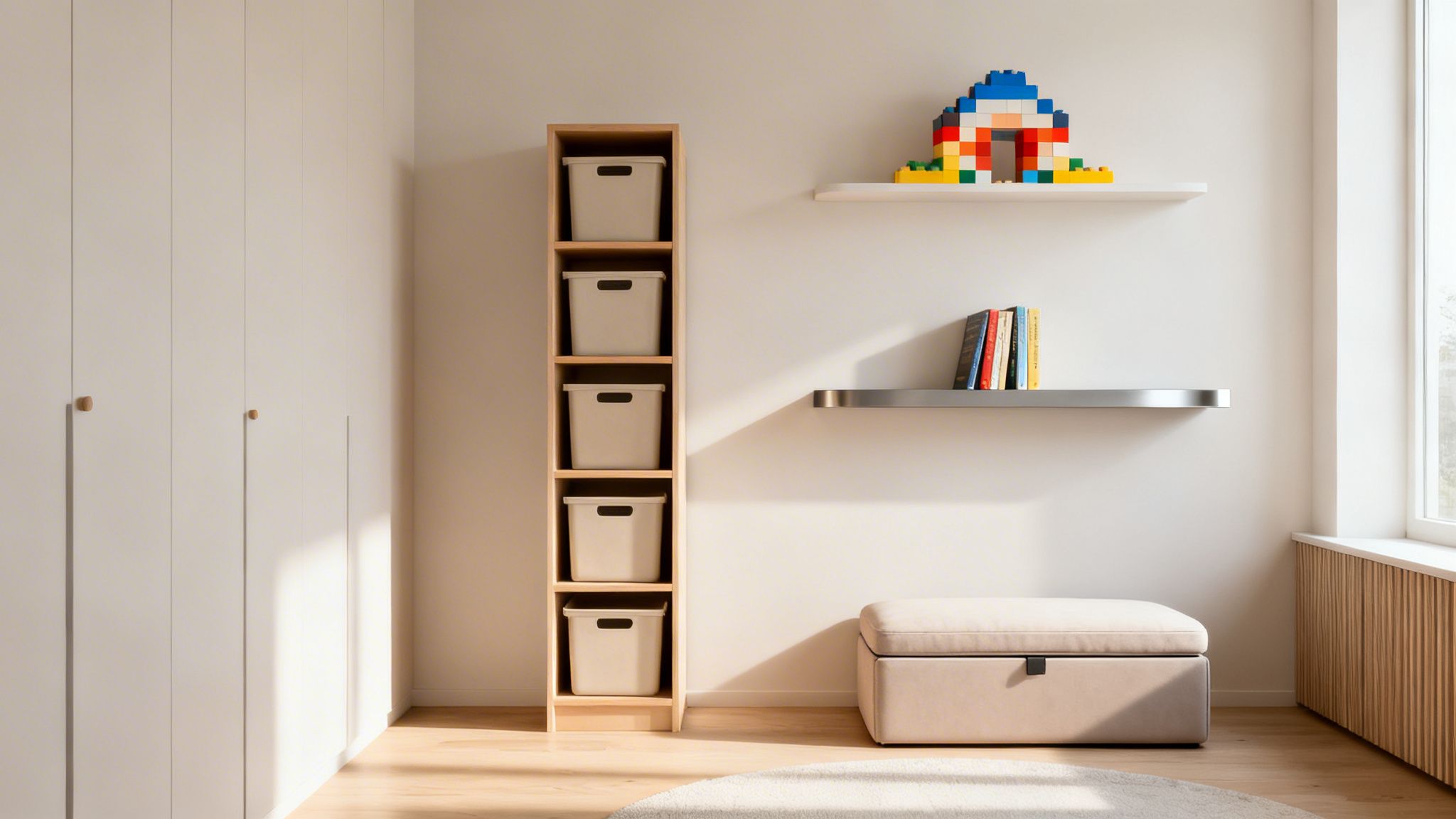 Clean, organized child's room featuring a tall storage unit, floating shelves with toys and books, and a storage ottoman.