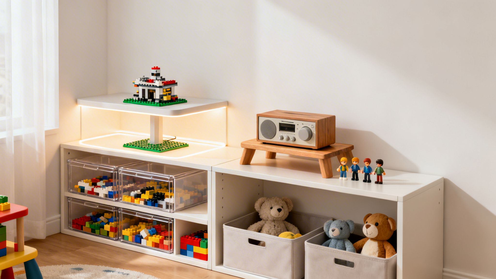 A bright kids' room with white shelves, clear bins for Lego bricks, a radio, and stuffed toys.