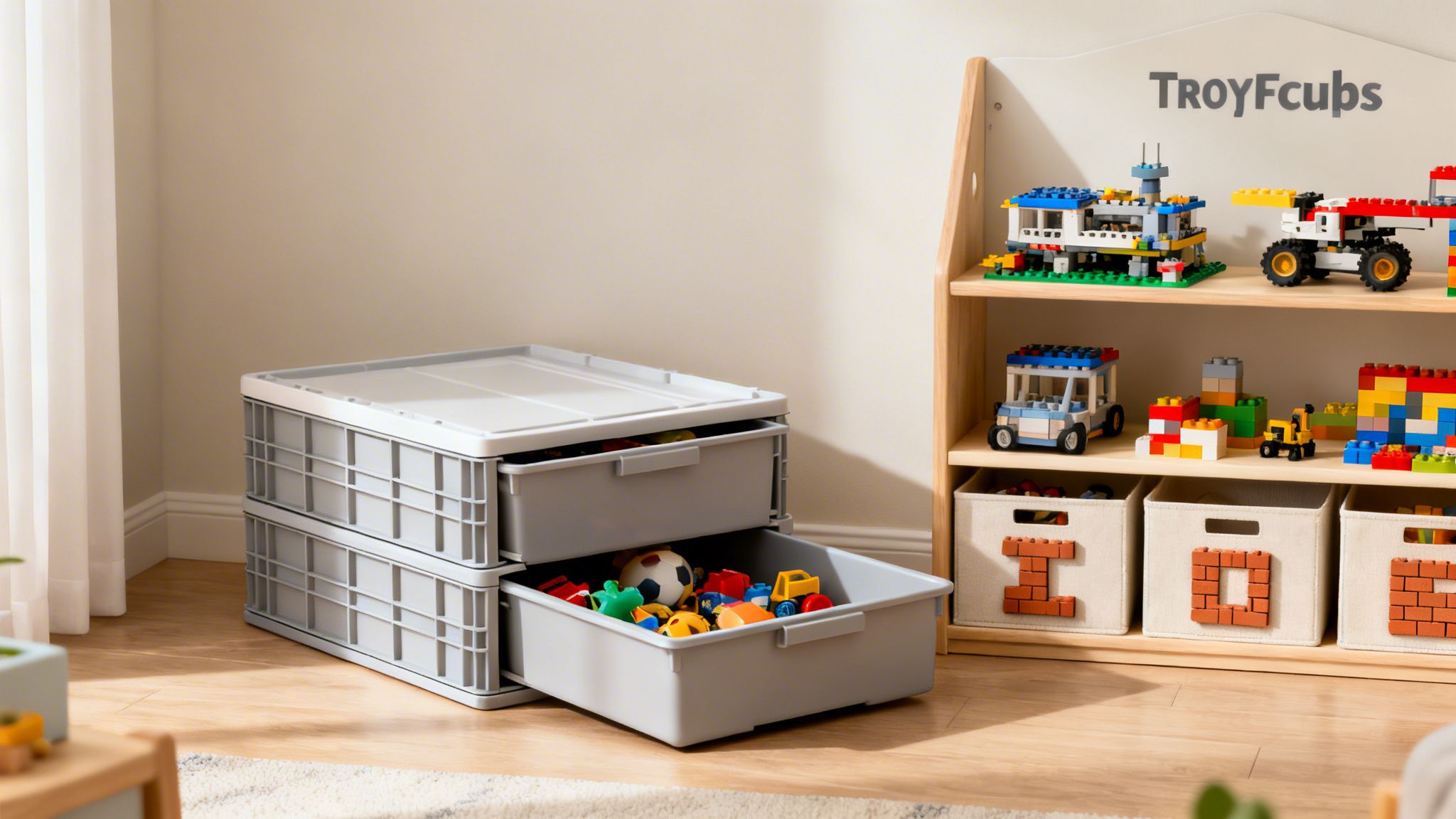 Kids' room featuring grey stackable toy storage drawers and a wooden bookshelf with Lego builds.