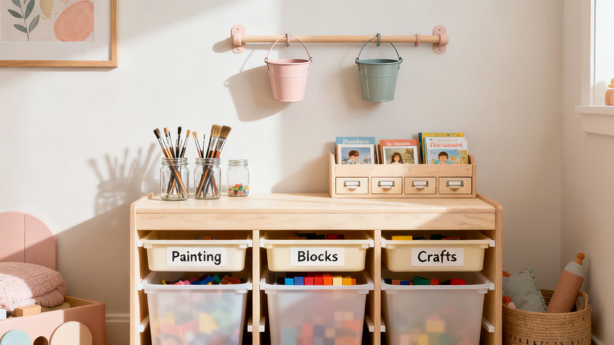 A bright children's art and play area with a wooden storage unit, labeled bins for painting, blocks, and crafts.