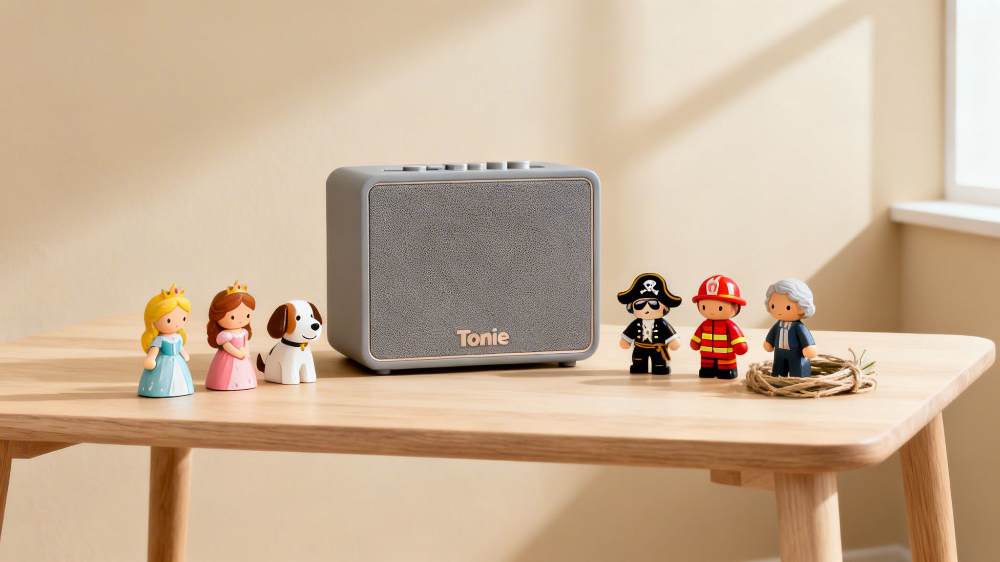 A gray Toniebox speaker on a wooden table surrounded by various Tonie characters, including princesses, a dog, a pirate, a firefighter, and an old man.