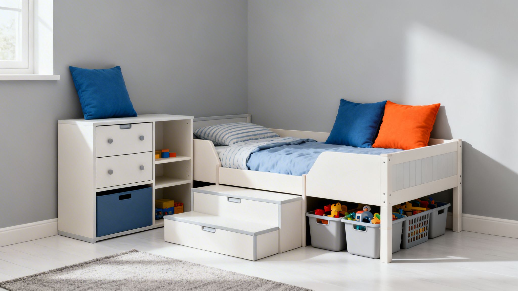 A modern boy's bedroom featuring a white toddler bed with storage steps and white modular storage units.