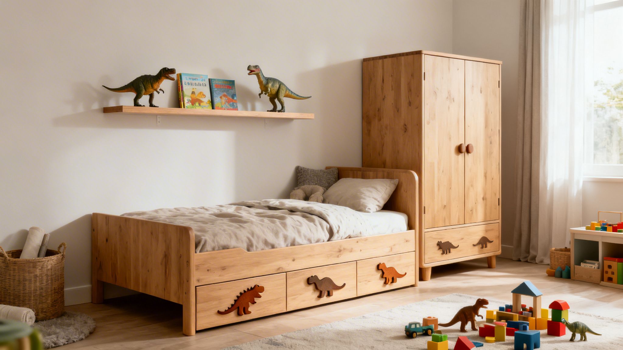 A child's natural wood bedroom with a dinosaur theme, featuring a bed, wardrobe, shelf, and toys.
