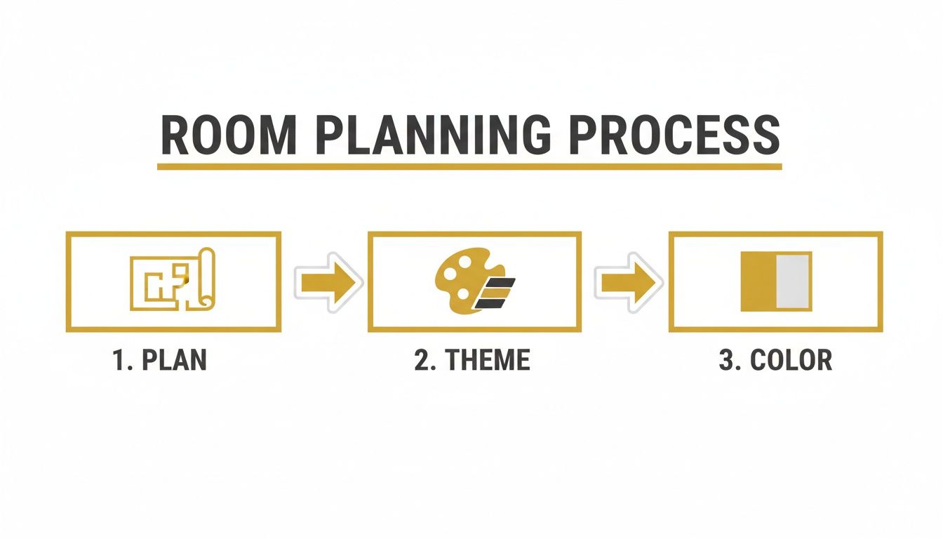 Diagram illustrating a three-step room planning process: plan, theme, and color selection.
