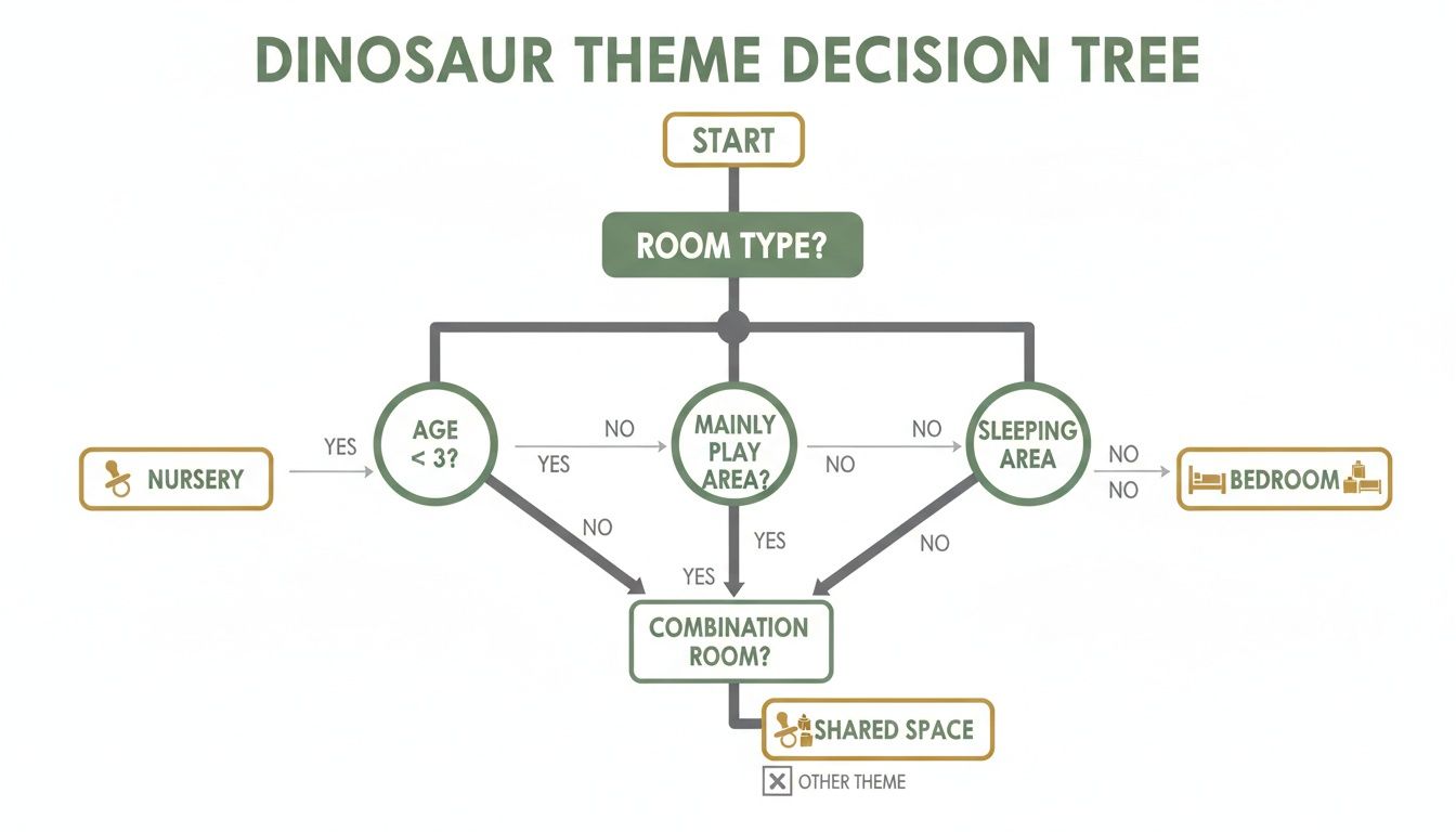 A dinosaur theme decision tree flowchart showing room type decisions for nursery, play area, sleeping area, and combination rooms.