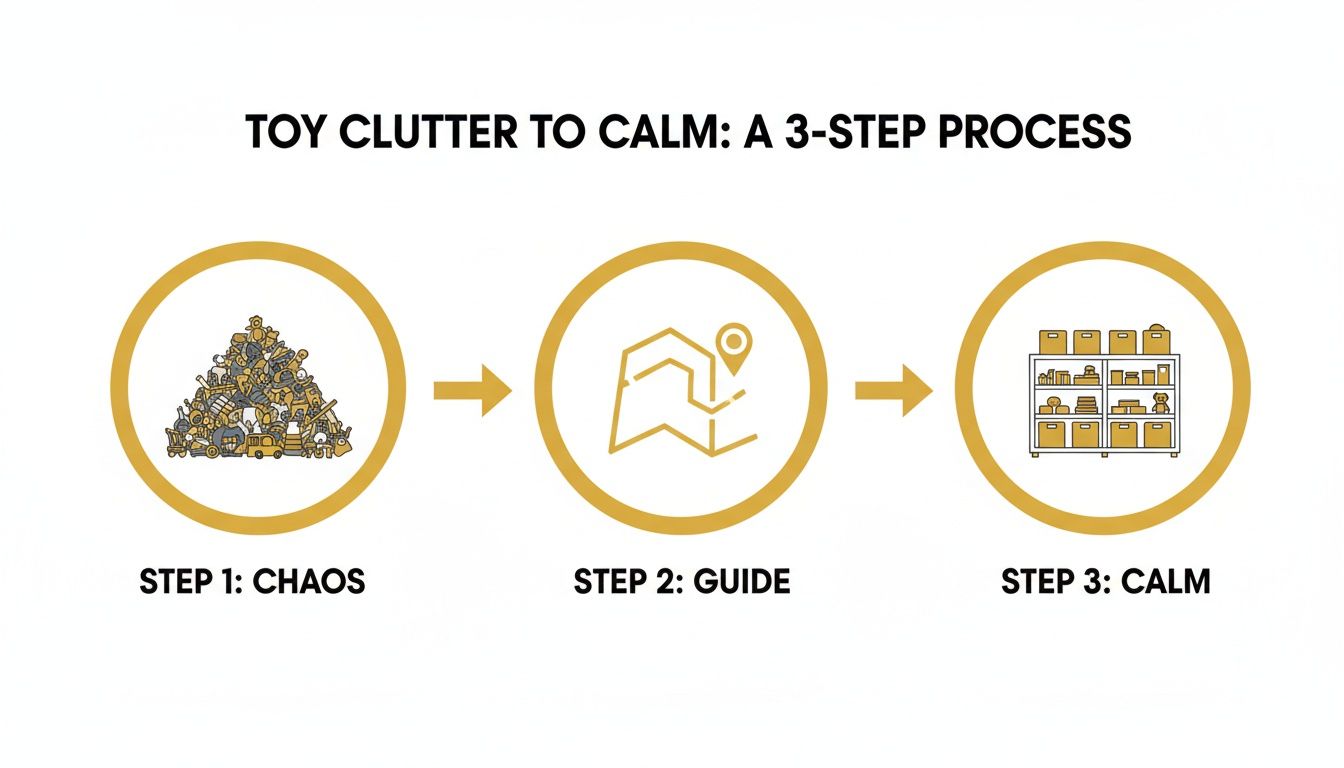 Infographic demonstrating a 3-step process to transform toy clutter into an organized, calm space.