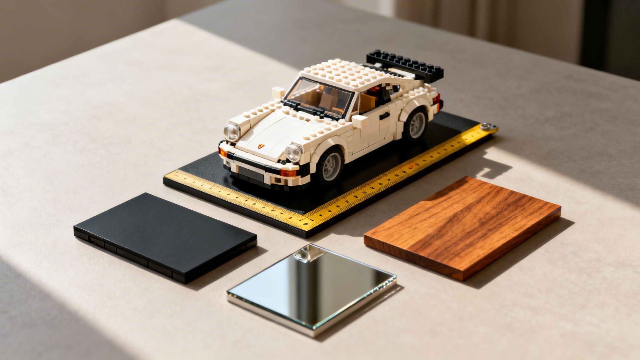 A white Lego Porsche car model on a black display base with a yellow measuring tape and other elements.