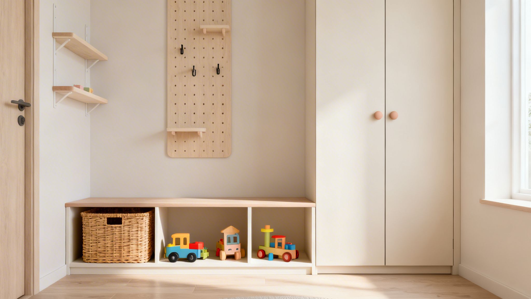 A bright and organized children's playroom with wooden storage, a pegboard, shelves, and colorful toy trains.