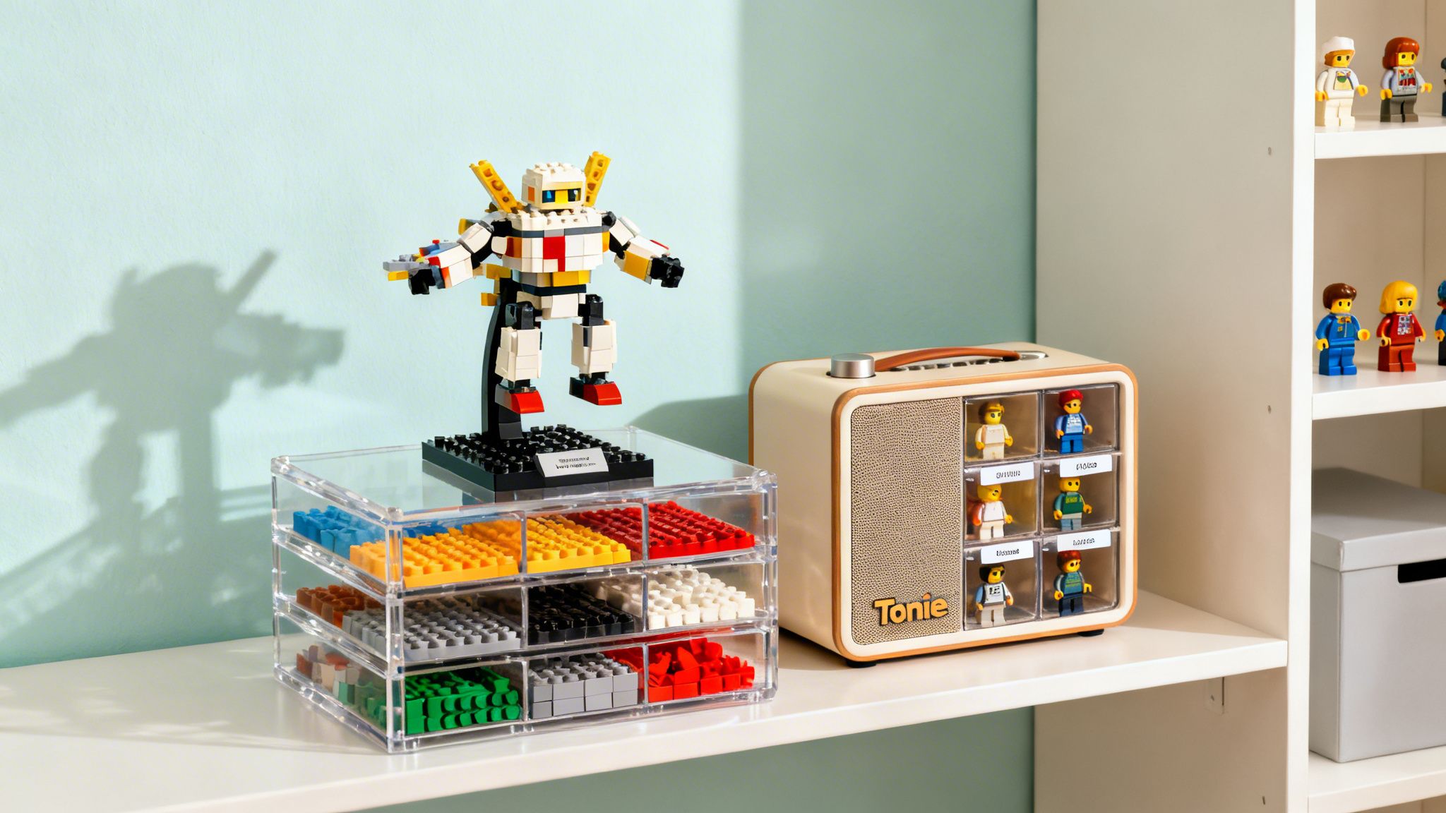 A Lego robot, clear brick organizer, and Toniebox with figures on a white shelf.