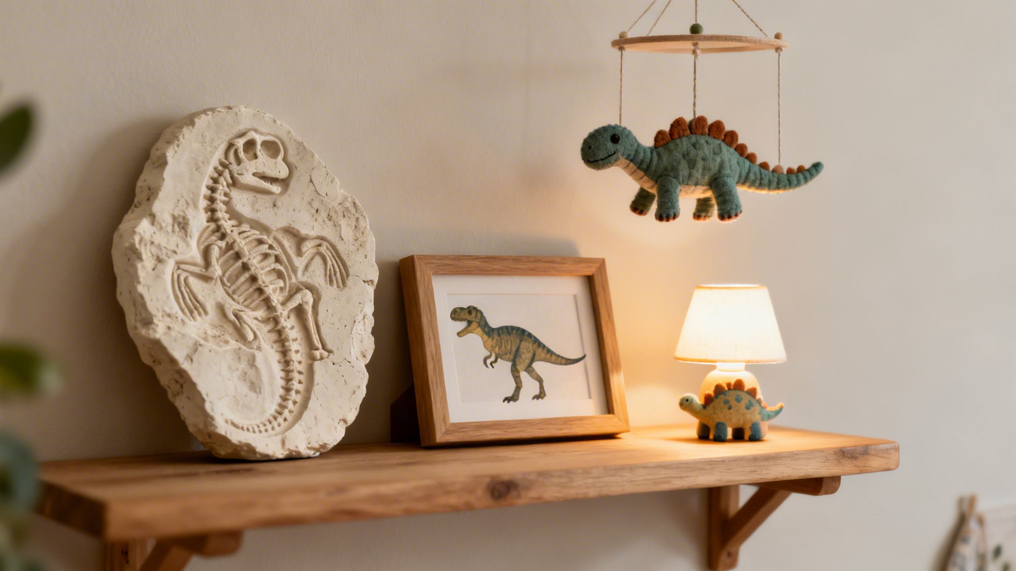 A cozy nursery shelf with dinosaur decorations: a fossil, framed art, mobile, and lamp.
