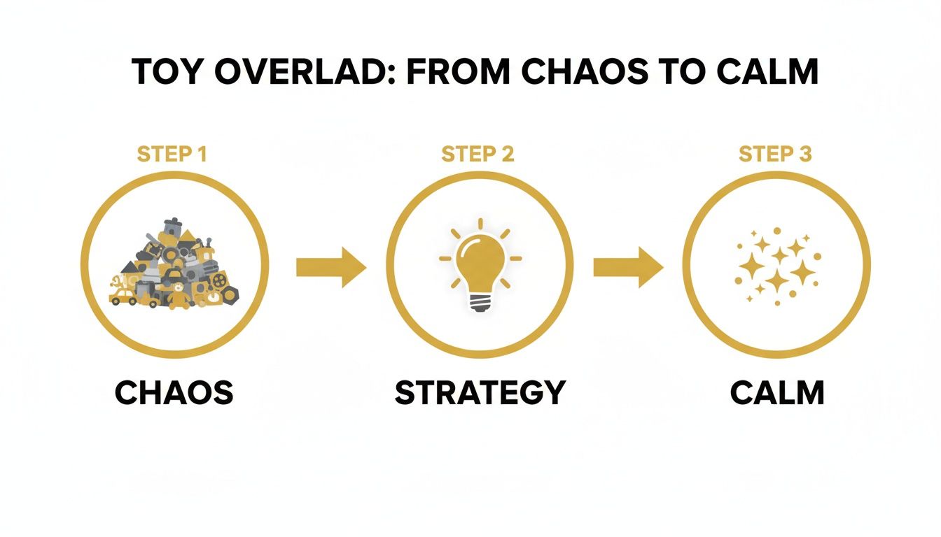 Infographic showing three steps: a pile of toys (chaos), a lightbulb (strategy), and sparkling stars (calm).