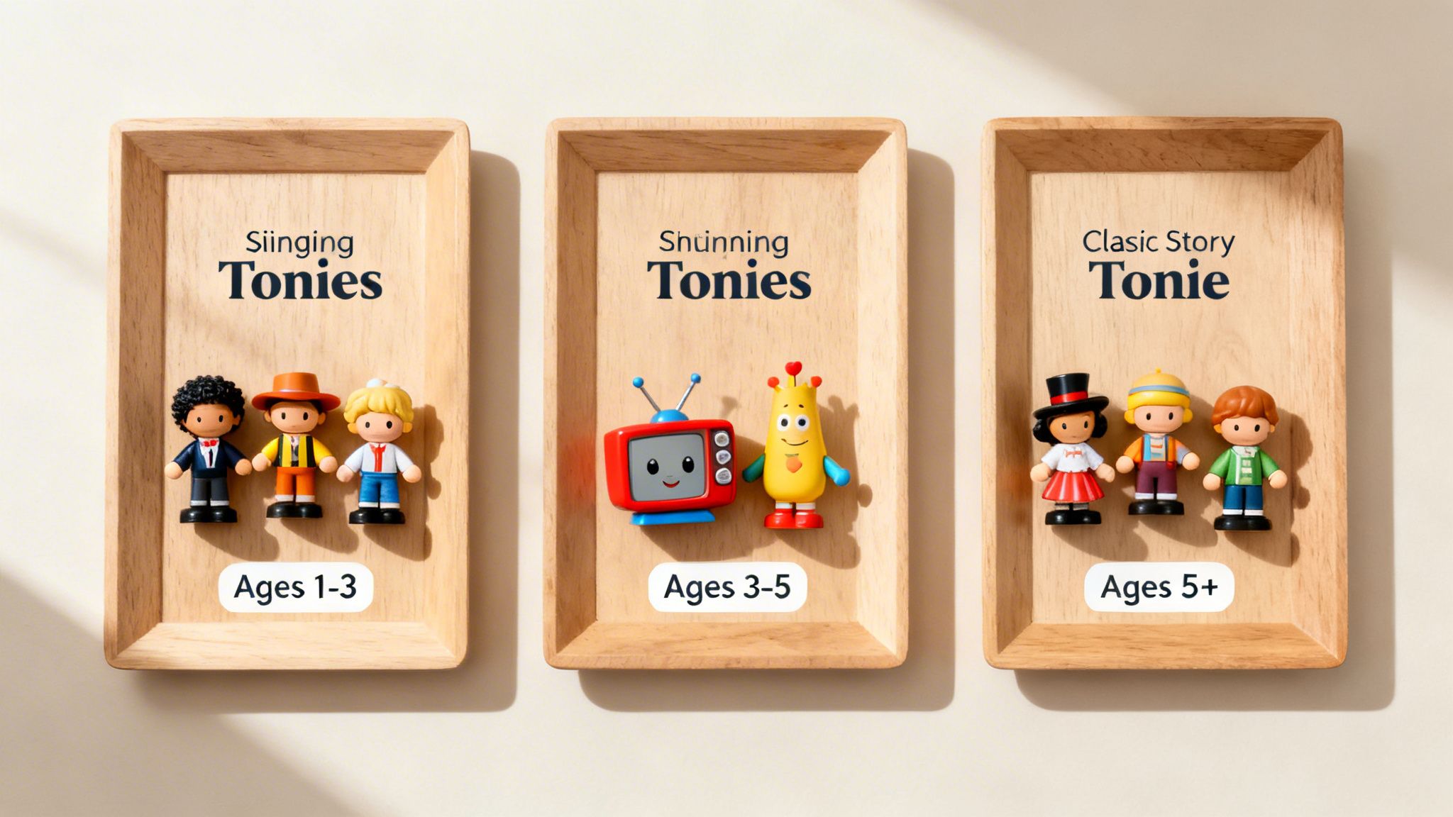 Three wooden trays display Tonies characters sorted by age groups: Singing (1-3), Shunning (3-5), and Classic Story (5+).
