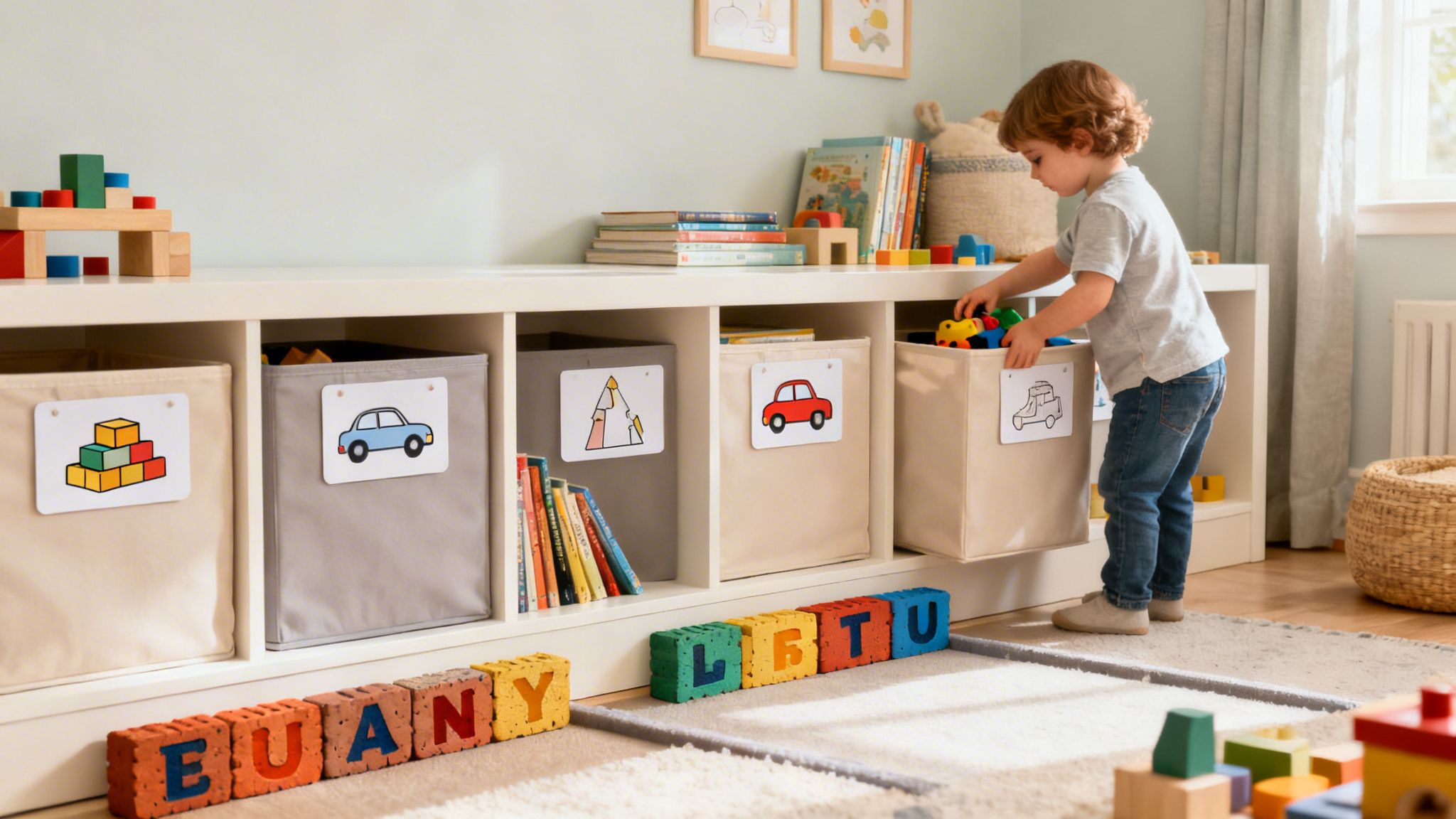 A young child tidying colorful toys into labeled fabric bins on a white shelf in a playroom.