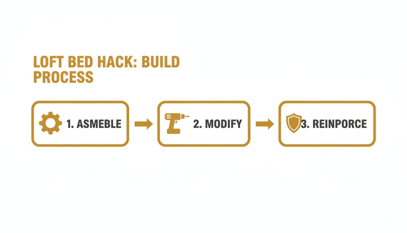 An infographic outlines the 'Loft Bed Hack: Build Process' with three steps: 1. Assemble (gear icon), 2. Modify (drill icon), and 3. Reinforce (shield icon).