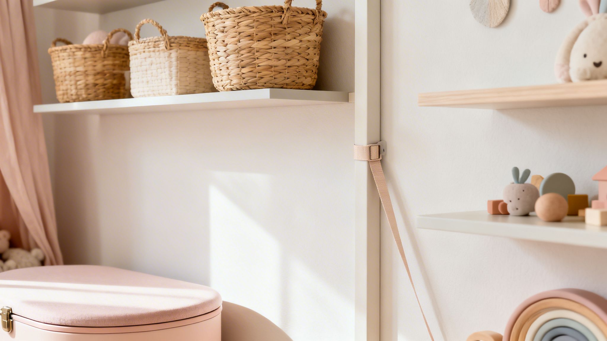 Stylish nursery shelves with woven baskets for toy storage and decorative wooden toys.