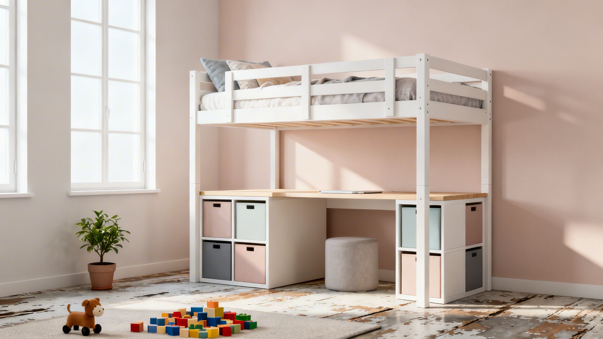 A cozy kid's room with a white loft bed, integrated desk, and colorful storage cubes.