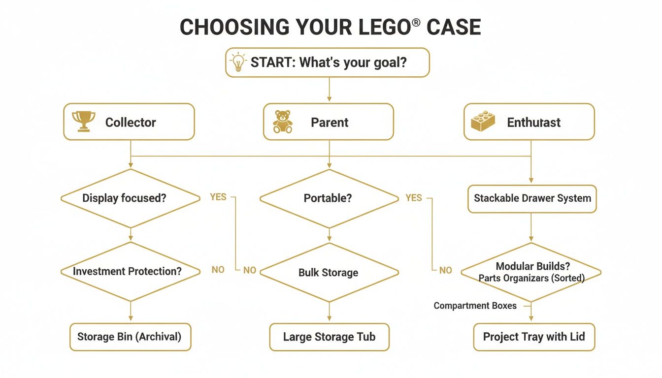 Flowchart guiding users to choose the best LEGO storage case based on their goal (collector, parent, enthusiast).