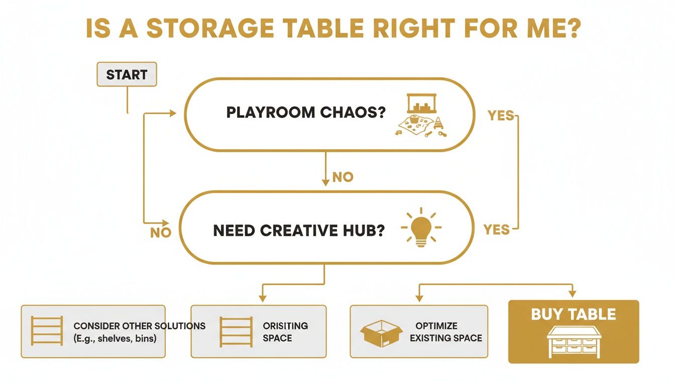 Flowchart guiding users on whether a storage table is suitable based on playroom chaos and creative needs.