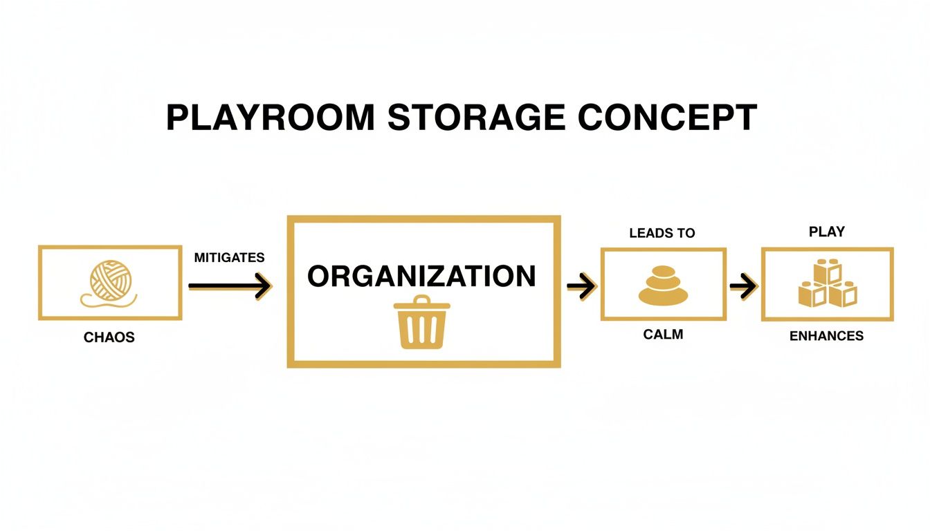 Flowchart illustrating how playroom organization mitigates chaos, leads to calm, and enhances play.