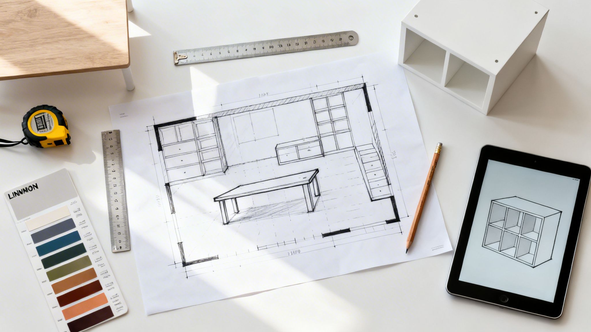Flat lay of a desk with a furniture design sketch, color palette, measuring tape, and tablet.