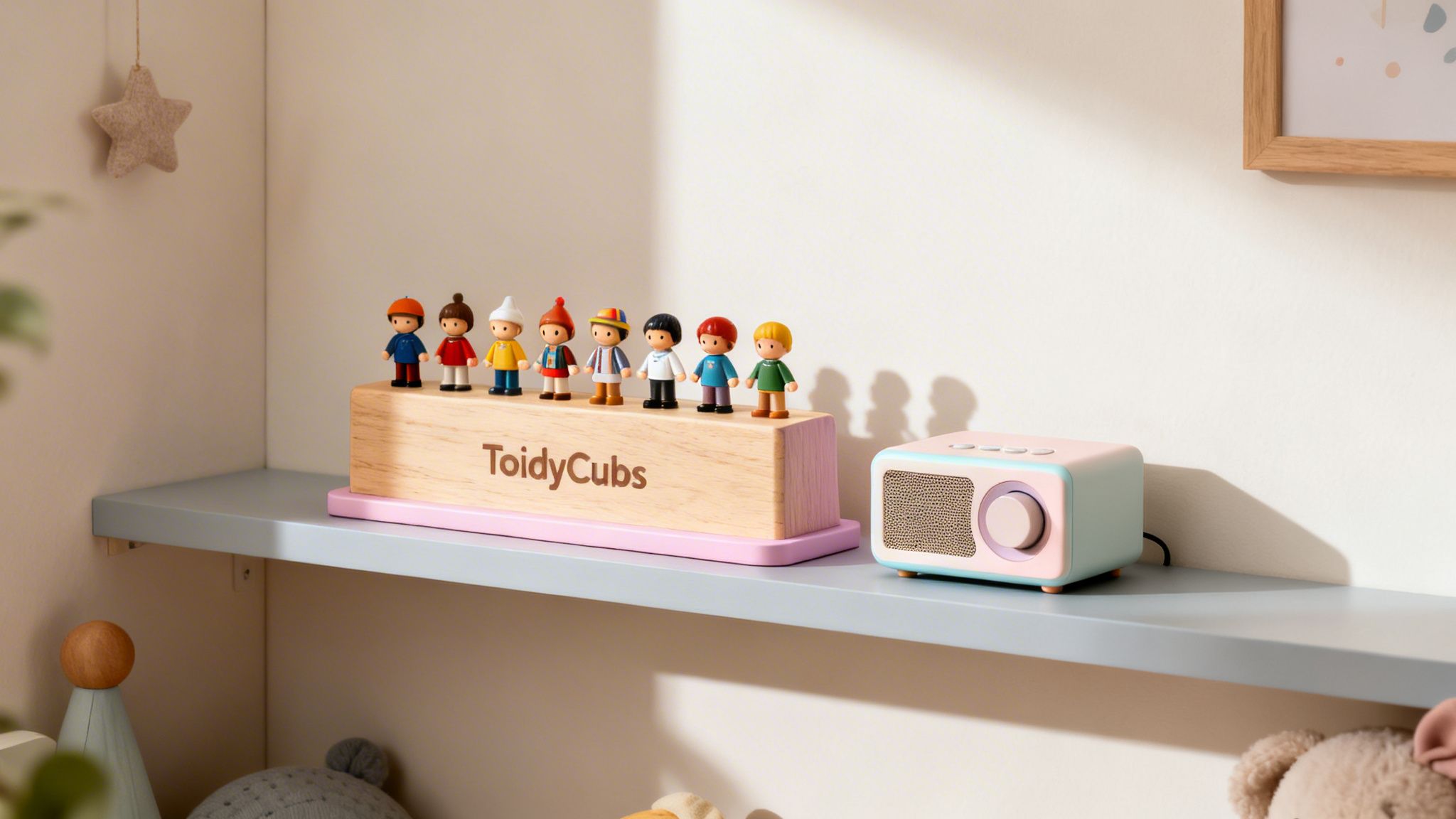 A colorful bundle of Tonies-style characters on a wooden stand with a pastel music player.