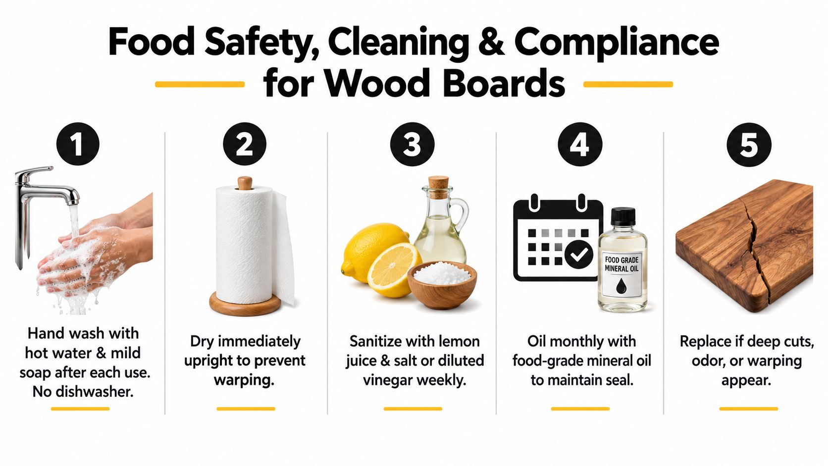 An infographic showing five steps for cleaning and maintaining wood cutting boards for food safety and durability.
