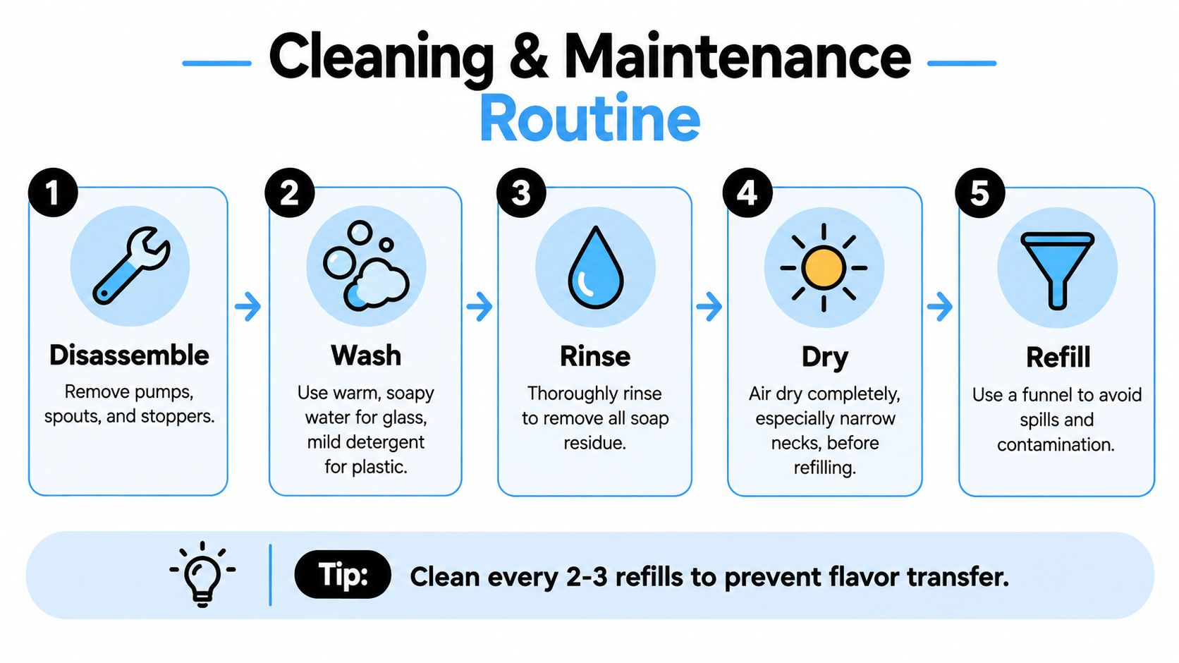 A five-step infographic showing how to clean and maintain oil and vinegar bottles for optimal hygiene.