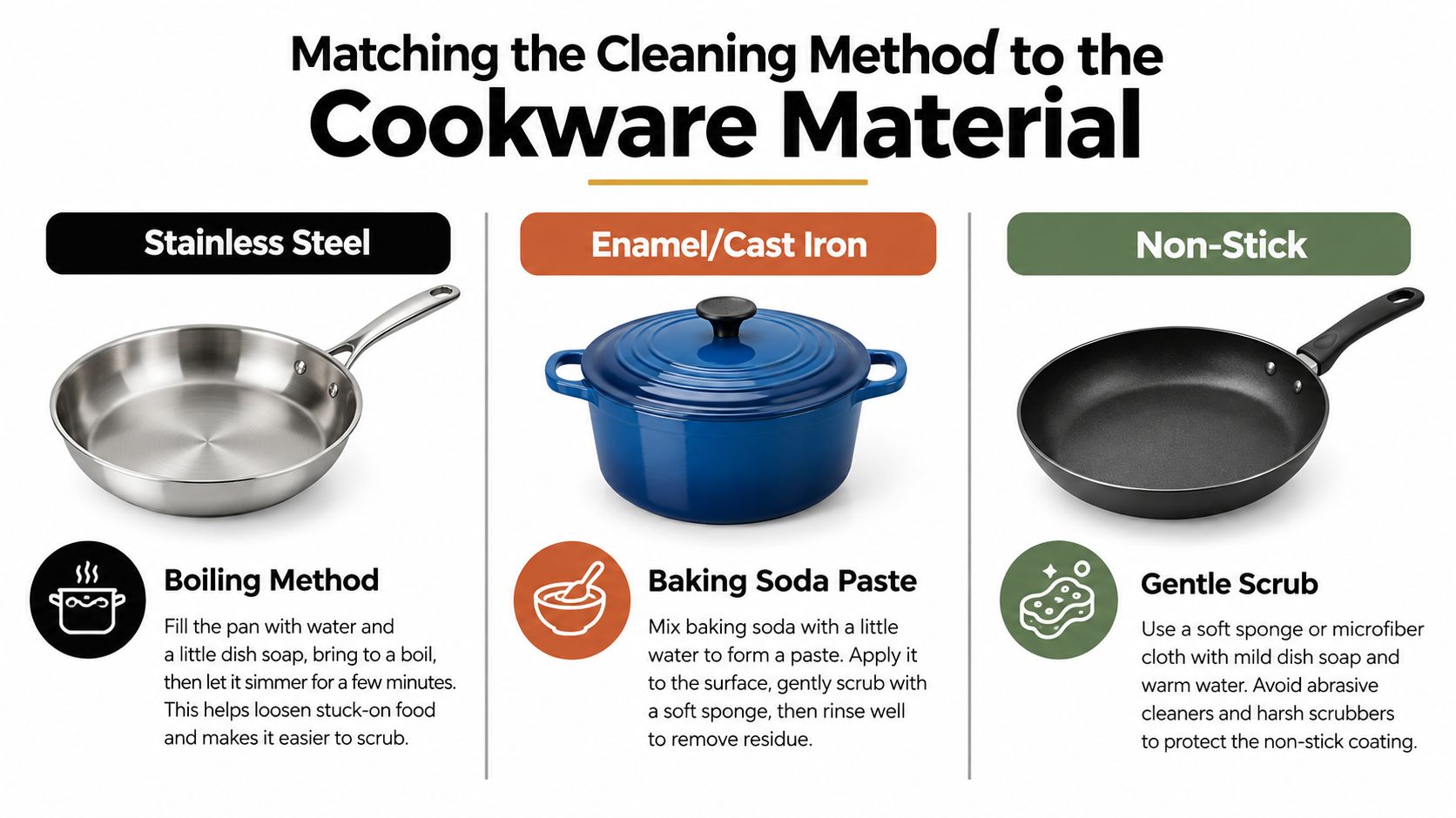 A guide showing how to clean stainless steel, enamel or cast iron, and non-stick cookware properly.