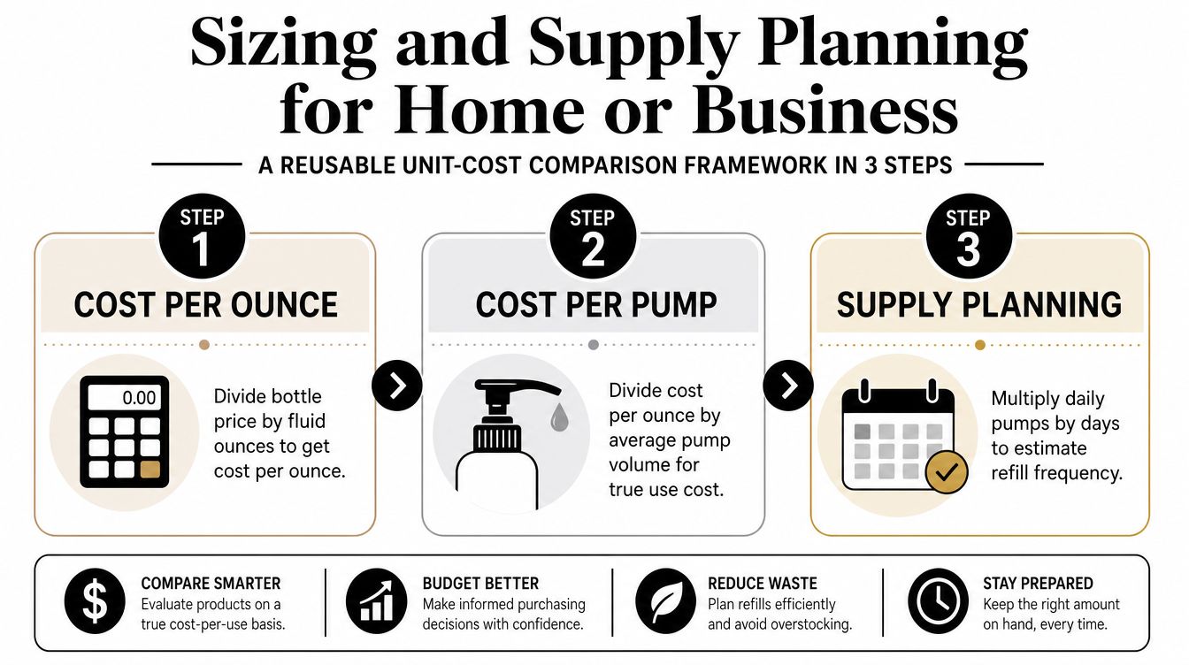 An infographic illustrating a three-step process for calculating cost per ounce and pump for soap refills.
