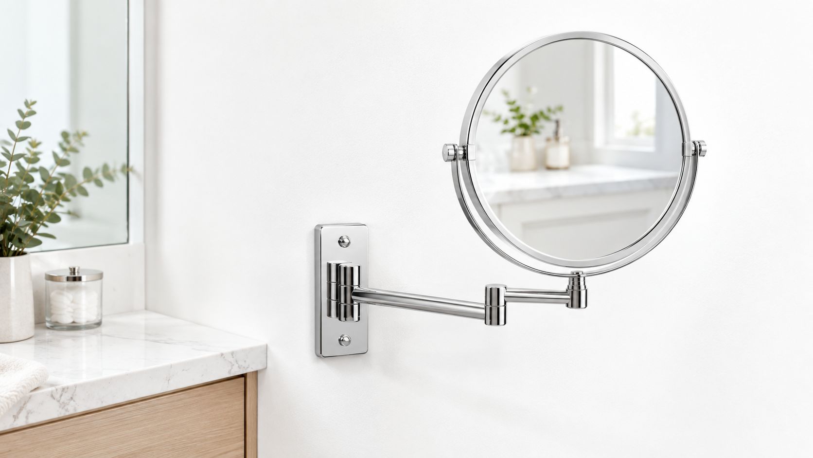 A modern chrome wall-mounted magnifying mirror extended on an articulated arm in a clean bathroom setting.