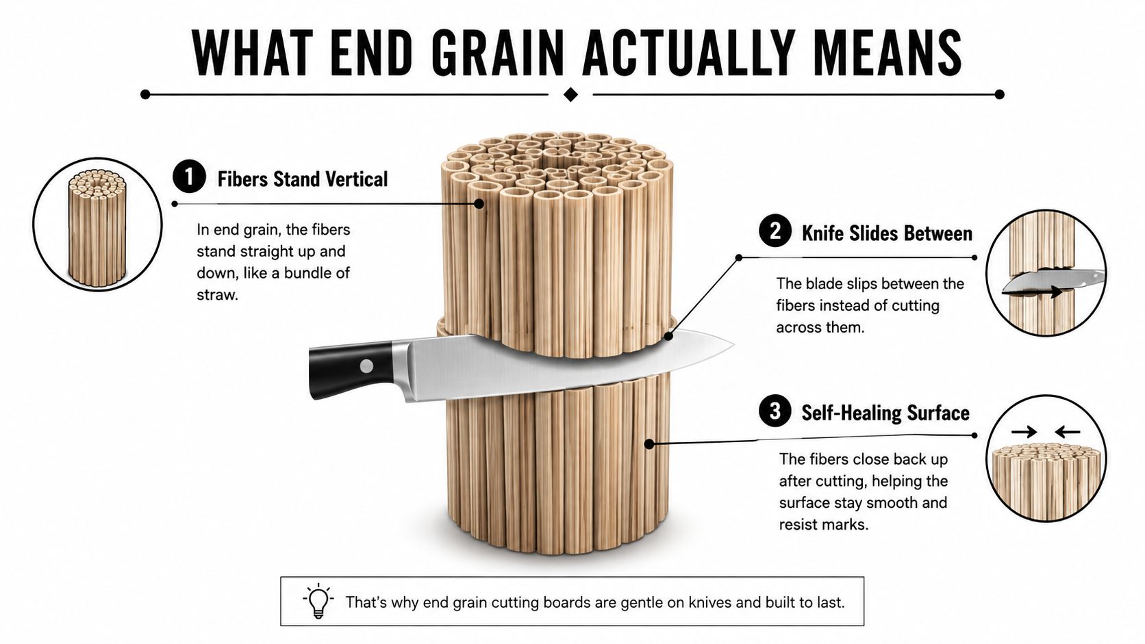 An educational infographic illustrating the mechanics of end grain wood structures using a bundle of straws model.