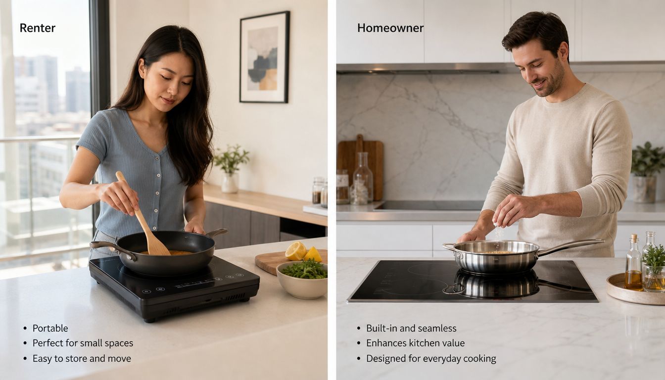 A split image comparing a portable induction cooktop for renters with a built-in induction stove for homeowners.