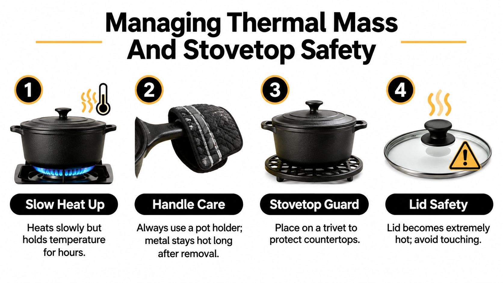 An infographic showing four essential safety tips for managing thermal mass when using cast iron cookware.