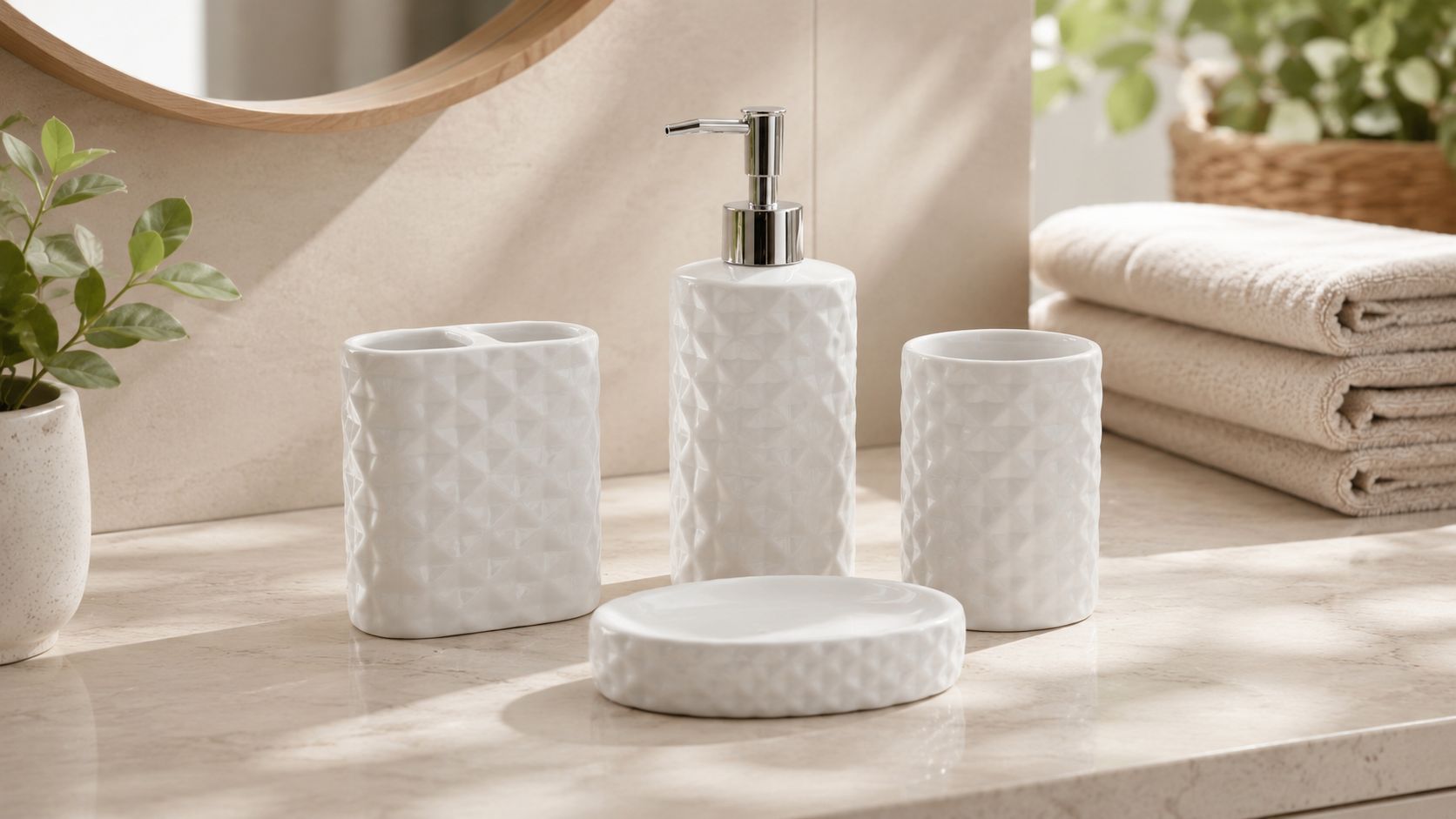 ITY 4 Piece Ceramic Diamond Pattern Bathroom Set - 70081SET