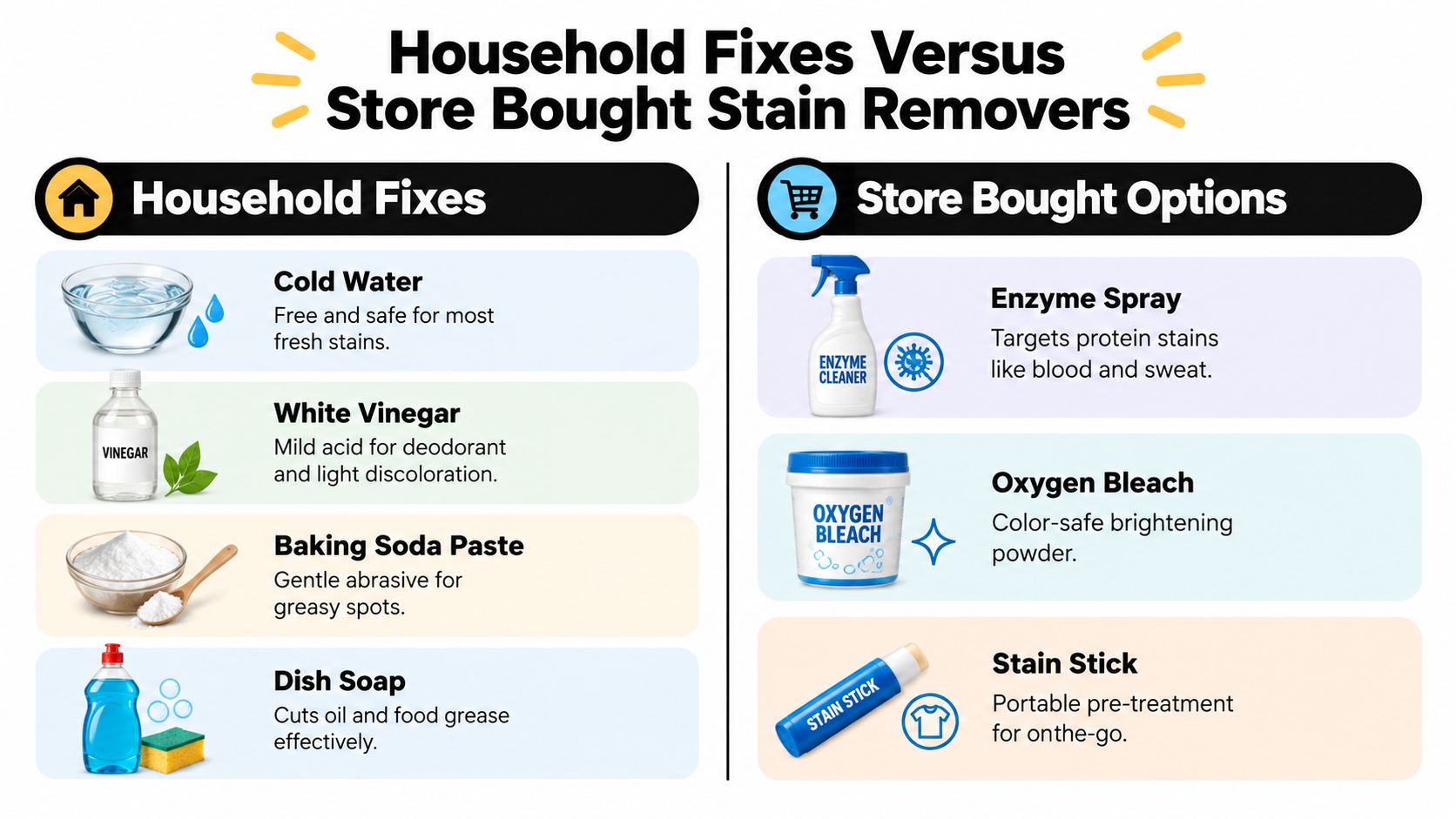 An infographic comparing household cleaning remedies and store-bought products for effectively removing various types of stains.