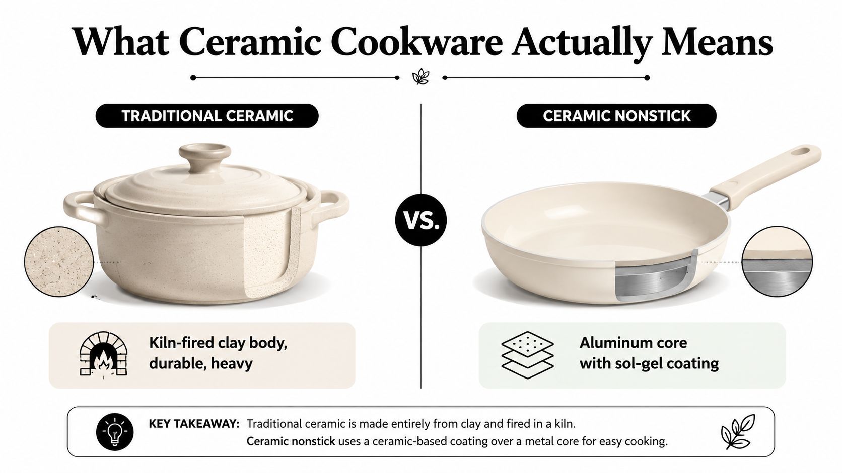 An infographic comparing traditional clay ceramic cookware with modern metal-based ceramic nonstick cookware for kitchen reference.